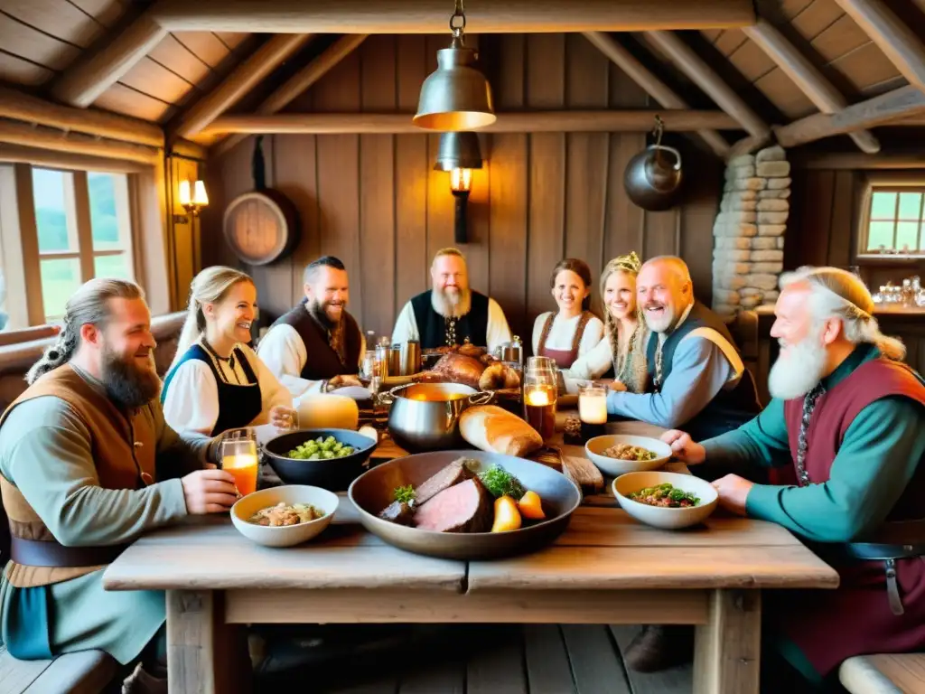 Una mesa de madera larga en un pueblo vikingo, rodeada de aldeanos y delicias culinarias, bajo la aurora boreal