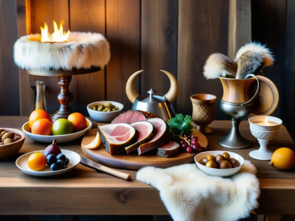 Una mesa de madera llena de degustaciones gastronómicas era vikinga en un gran festín nórdico iluminado por antorchas