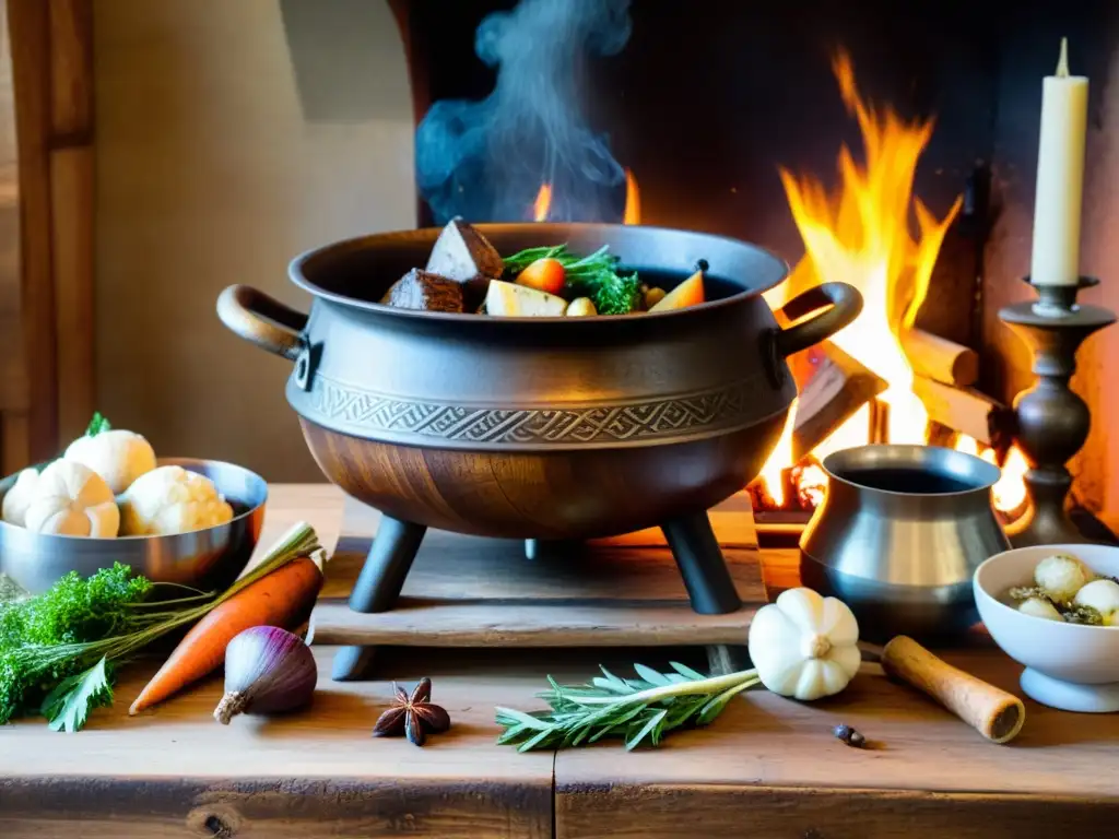 Una mesa de madera rústica con ingredientes vikingos y utensilios culinarios