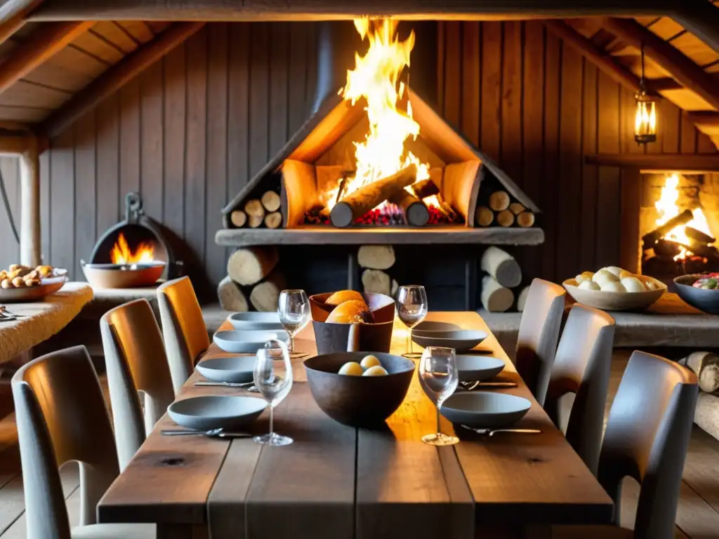 Una mesa de madera en un salón vikingo con comida tradicional rodeada de vikingos en animada conversación