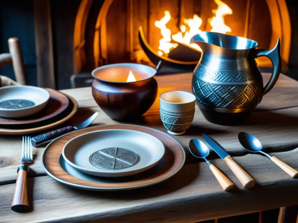 Una mesa rústica decorada con utensilios de cocina vikingos en una sala de banquetes iluminada por antorchas