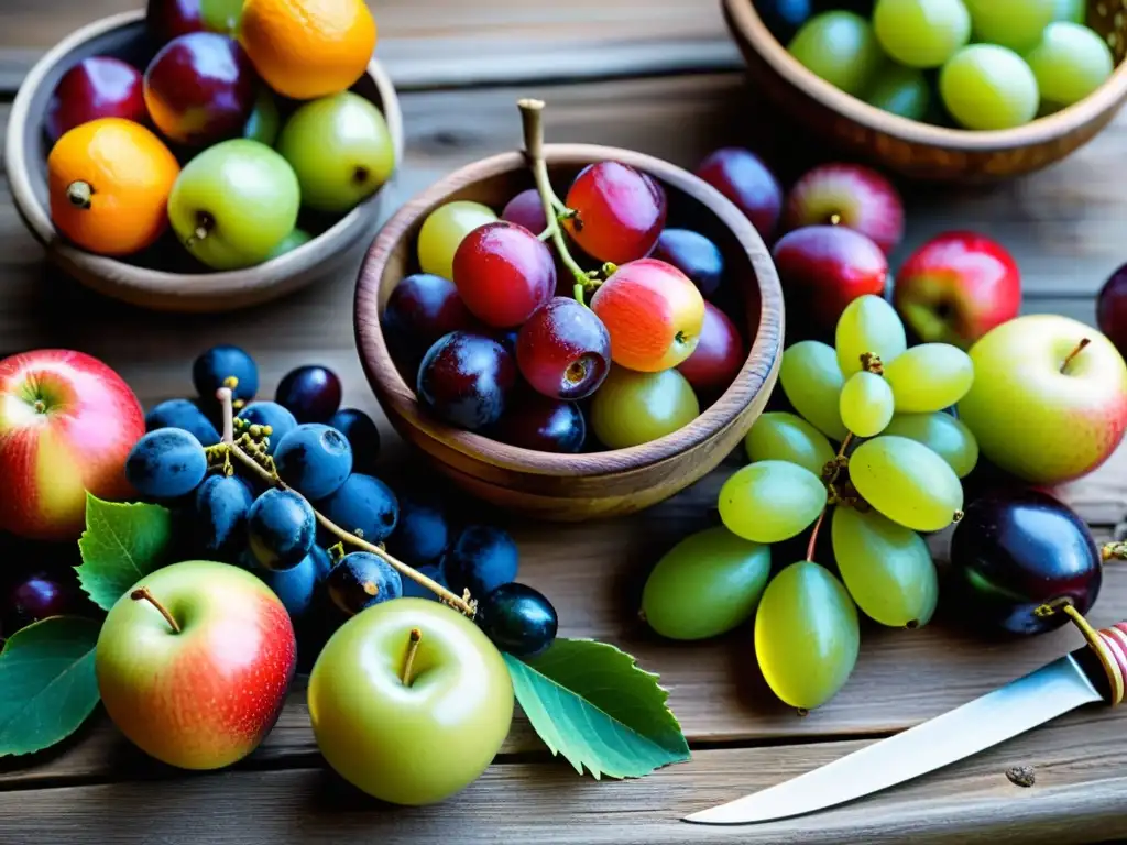 Una mesa rústica llena de frutas vibrantes y detalladas, evocando la abundancia y dulzura de la fruta en la vida vikinga