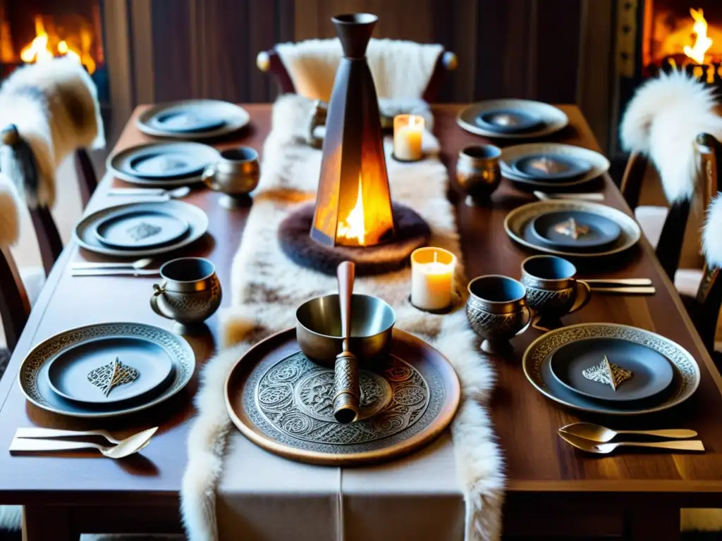 Experiencia vikinga: mesa de banquetes detallada Una mesa vikinga detallada con platería ornamental, vikingos disfrutando de una auténtica comida