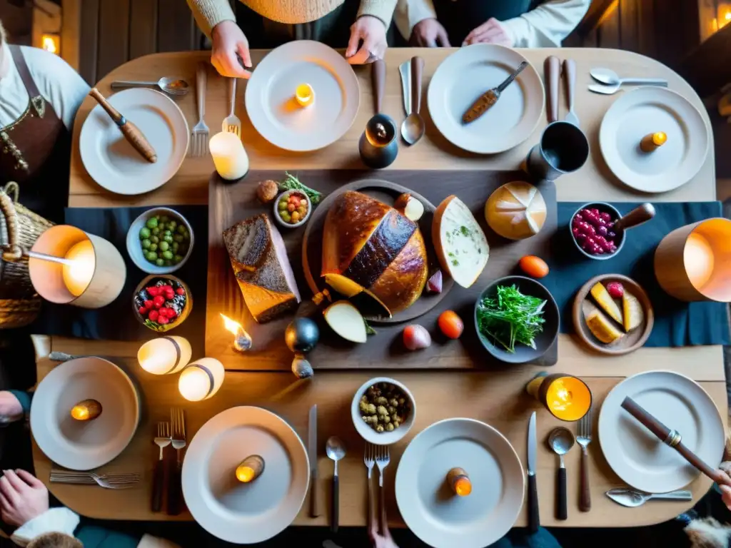 Una mesa vikinga llena de alimentos tradicionales en un gran salón iluminado por antorchas