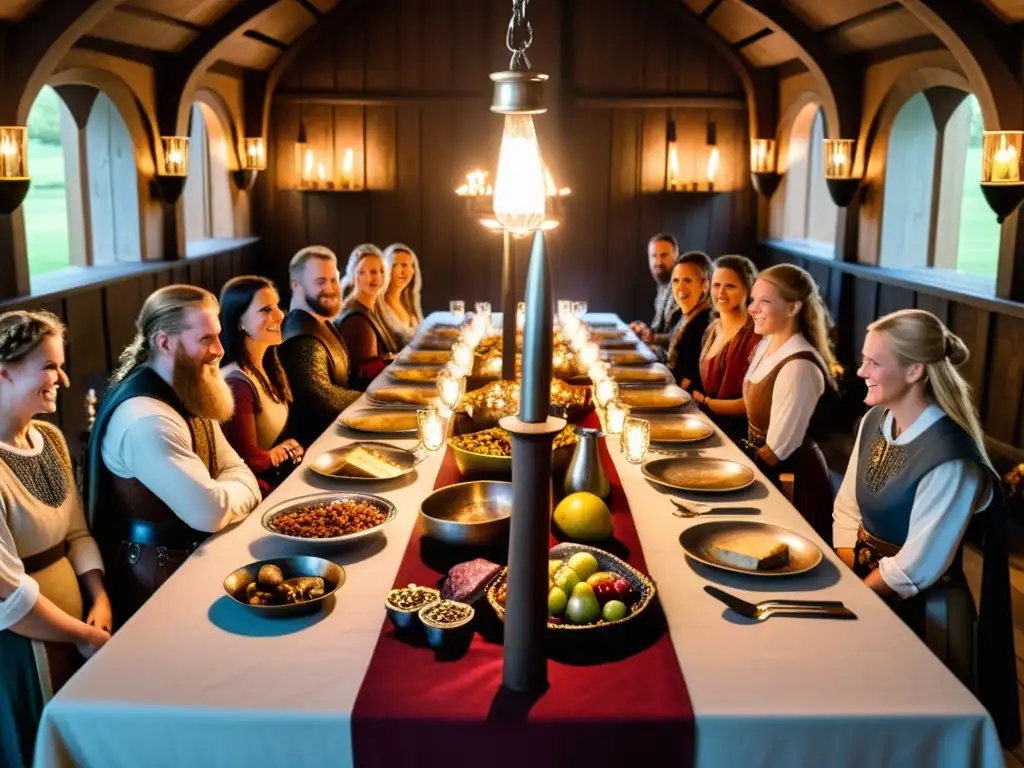 Una mesa vikinga llena de comida rodeada de guerreros y guerreras, destacando la importancia de la comida en rituales vikingos