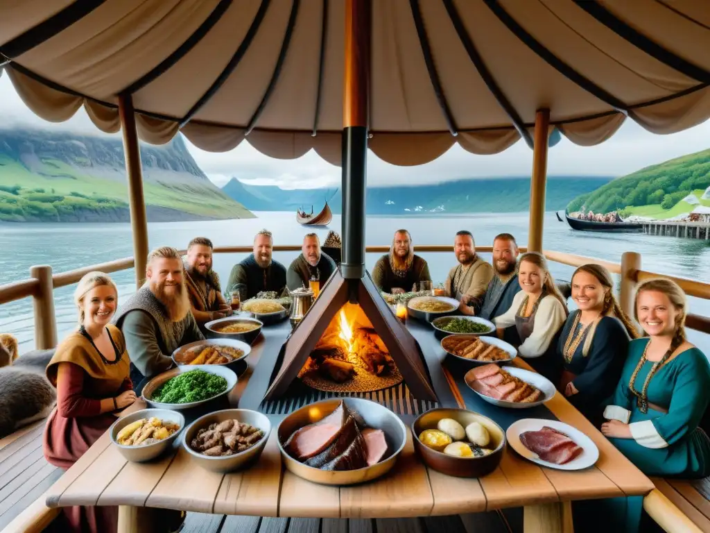 Una mesa vikinga rebosante de variedades de carne, rodeada de guerreros y aldeanos nórdicos en festín junto al fiordo