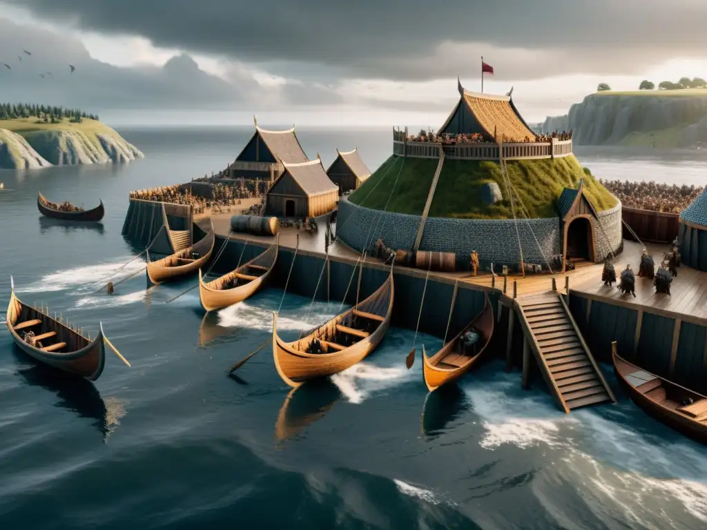 Ingeniería militar vikinga: fortalezas y asedios en una detallada imagen 8k de una fortaleza vikinga, con palisadas y torres de vigilancia