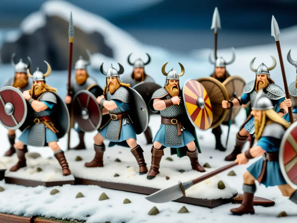 Miniatura de batallas vikingas: Escena épica con guerreros y barcos en un paisaje nevado