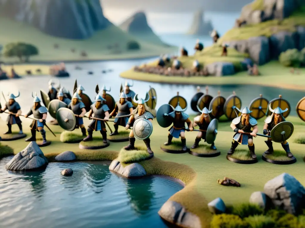 Miniaturas de batallas vikingas: escena detallada de guerra con guerreros y barcos en un campo de batalla en miniatura