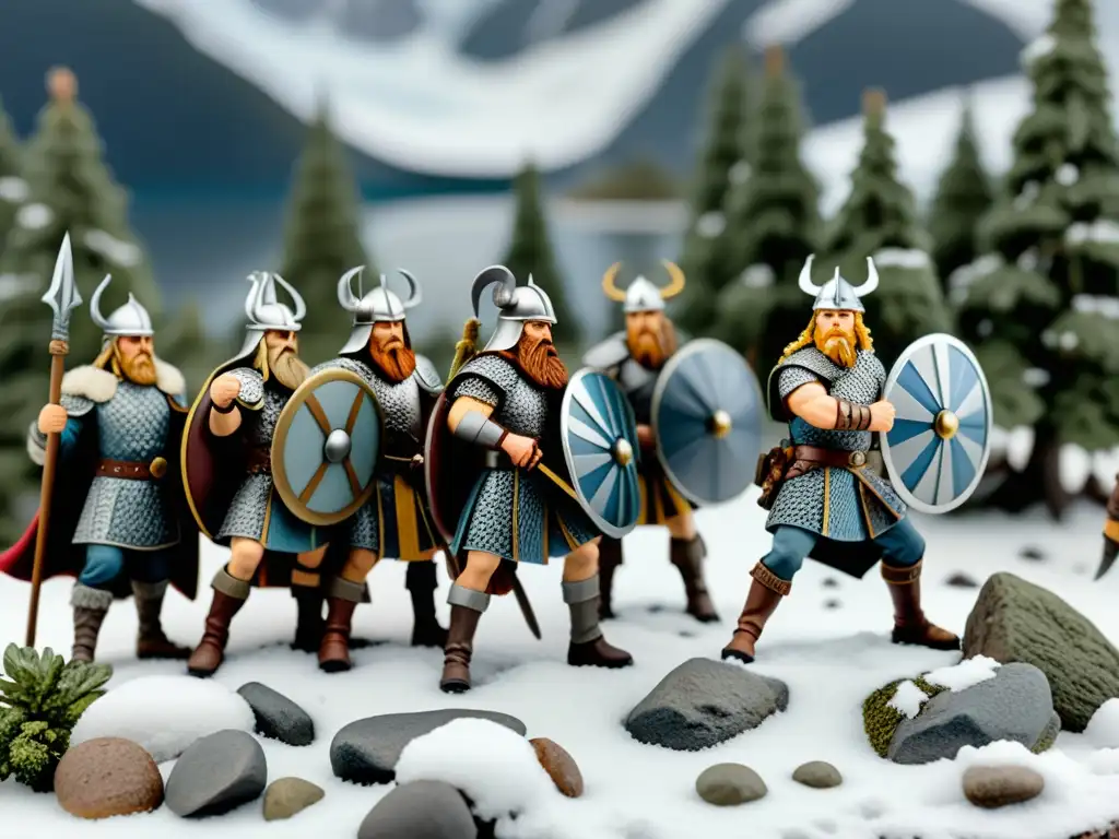 Miniaturas de batallas vikingas: Intrincada escena de fieros guerreros en un diorama detallado, con paisaje nórdico nevado y barco vikingo al fondo