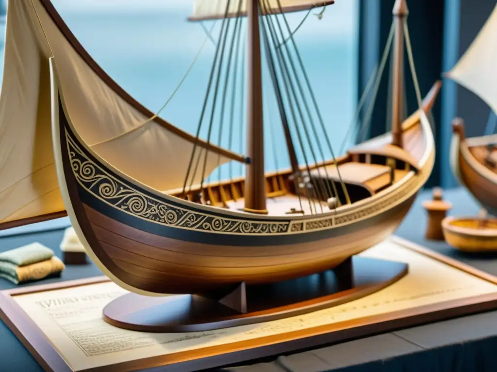 Un minucioso modelo de barco vikingo perfecto, con detalles de tallado en madera, aparece junto a artefactos y mapas vikingos