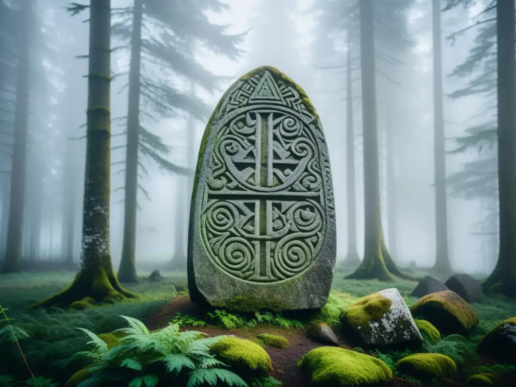 La misteriosa importancia de las runas vikingas talladas en una antigua piedra, en medio de un bosque escandinavo neblinoso