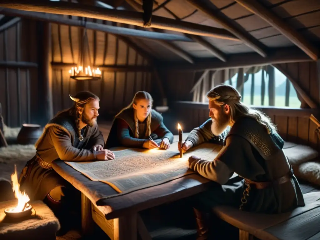 Misteriosa reunión de vikingos en penumbra planificando conspiraciones en la era vikinga