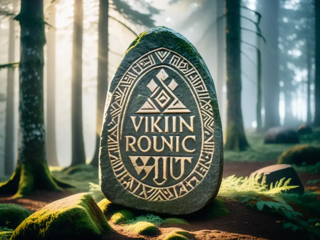 Una misteriosa runa vikinga en el bosque, con inscripciones y profecías rúnicas, evocando el futuro y lo enigmático