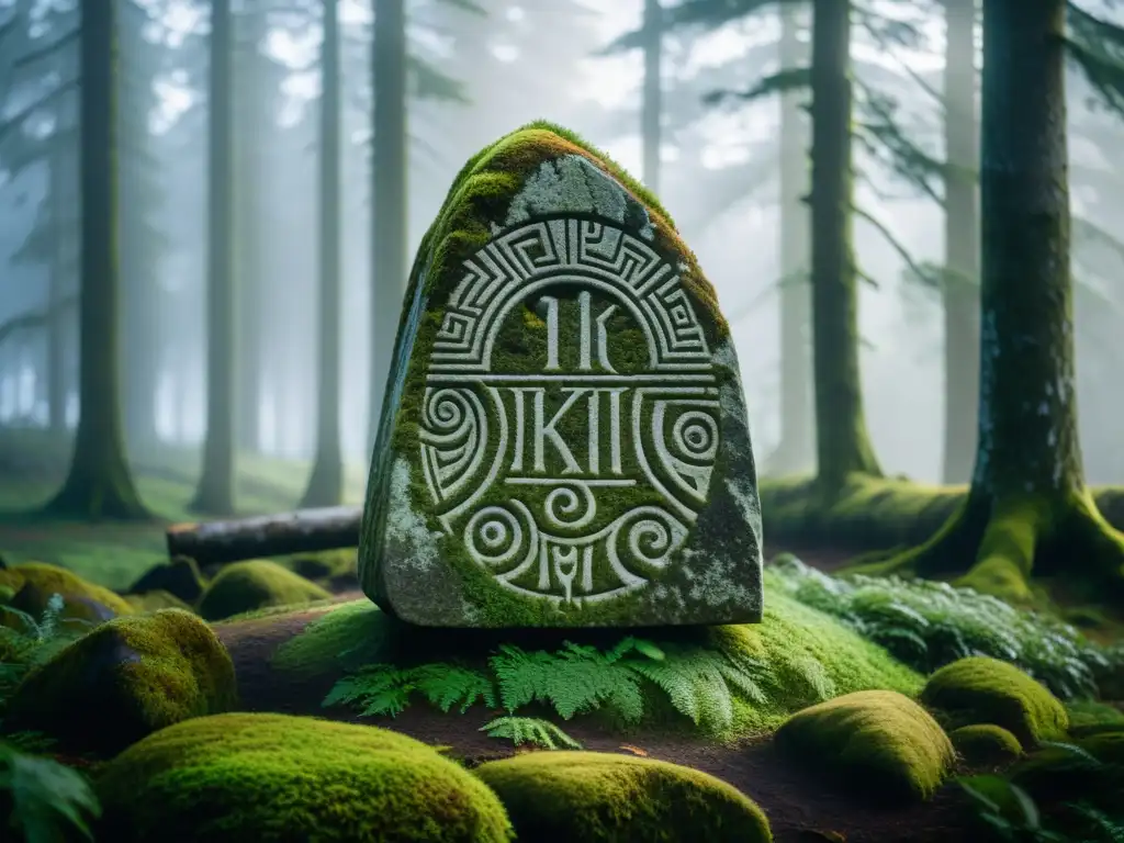 Runa vikinga en bosque nórdico: Misterio y sabiduría antigua Una misteriosa runa vikinga en un bosque nórdico antiguo, desentrañando secretos ancestrales