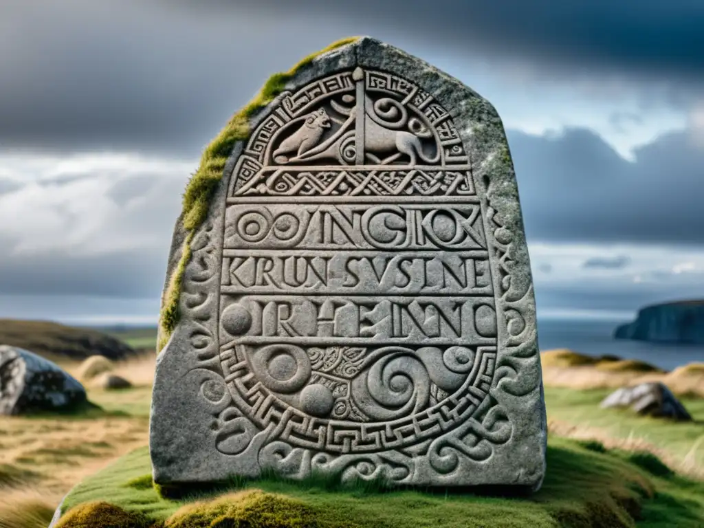 Runa vikinga tallada: poesía y batallas en piedra nórdica Misteriosa runa vikinga con carvings detallados en lenguaje poesía escáldica vikingos