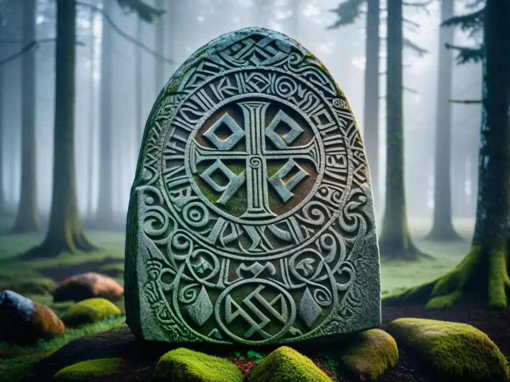 Una misteriosa runa vikinga en piedra, rodeada de bosque nórdico neblinoso