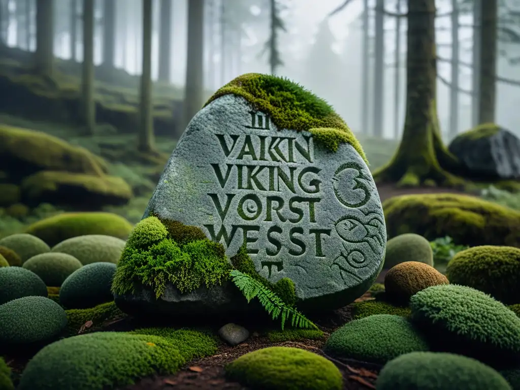 Misteriosa piedra rúnica vikinga cubierta de musgo en el bosque nórdico