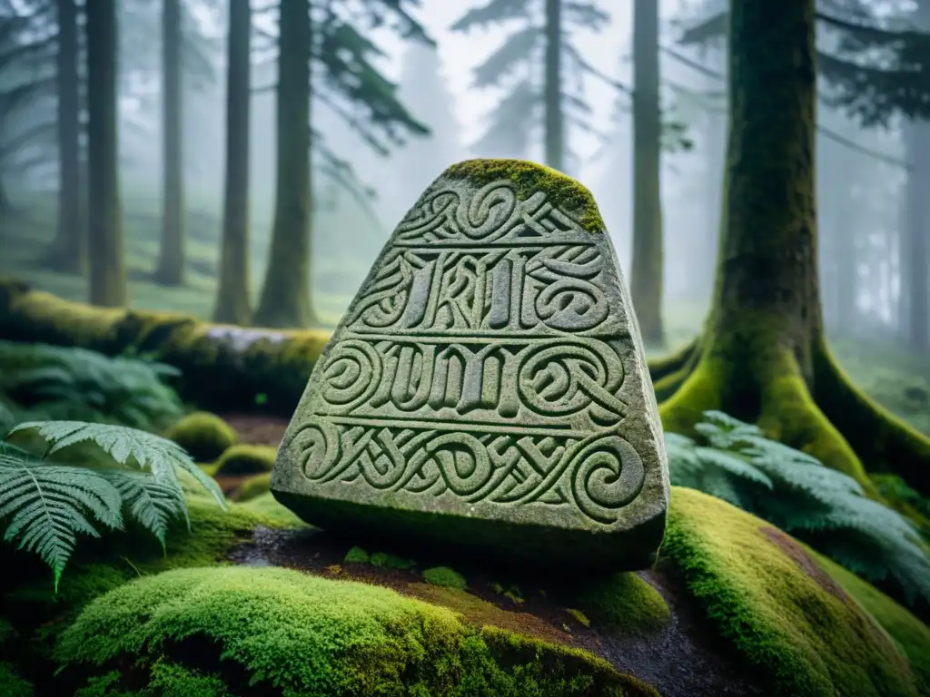 Misteriosa piedra rúnica vikinga en bosque escandinavo neblinoso