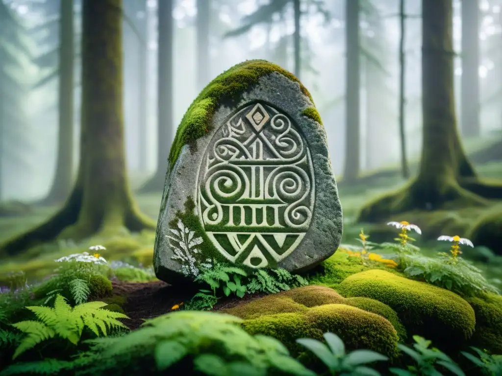 Misteriosa piedra rúnica vikinga rodeada de vegetación en la neblina, evocando interpretaciones auténticas runas vikingas futuro