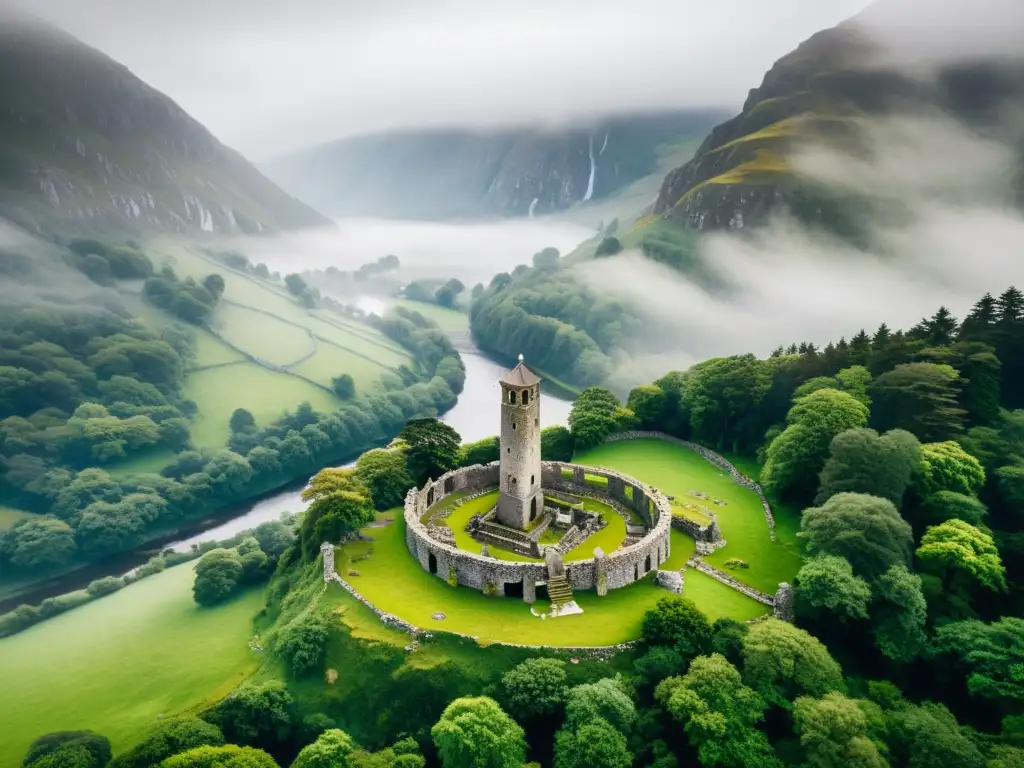 Misteriosas ruinas irlandesas de Glendalough, con niebla y vegetación exuberante