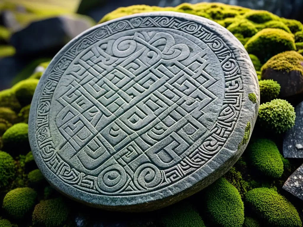 Runa vikinga: misterios tallados en piedra Misteriosas runas vikingas desentrañando en una piedra cubierta de musgo, con inscripciones y sombras dramáticas