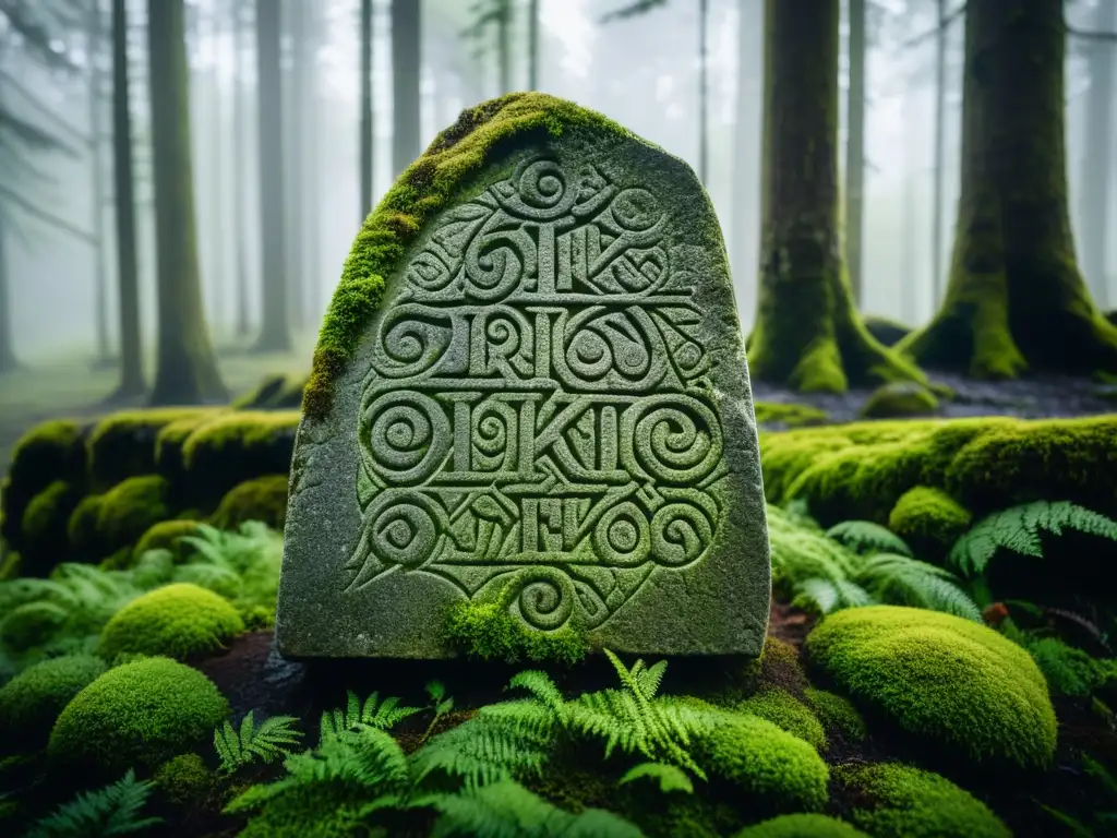Runa vikinga: misterios y sabiduría ancestral Misteriosas runas vikingas desentrañando en una runa antigua rodeada de musgo en un bosque nórdico neblinoso