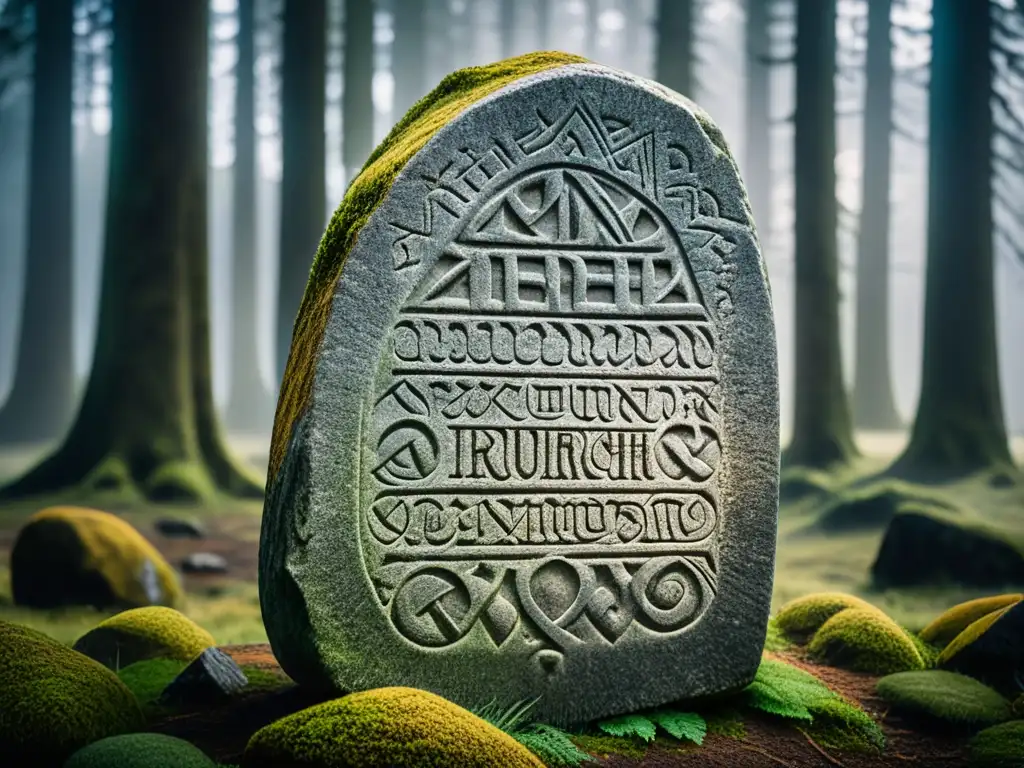 Misterioso mensaje vikingo en runa tallada en piedra Misteriosas runas vikingas desentrañando secretos en una piedra ancestral rodeada de un místico bosque nórdico