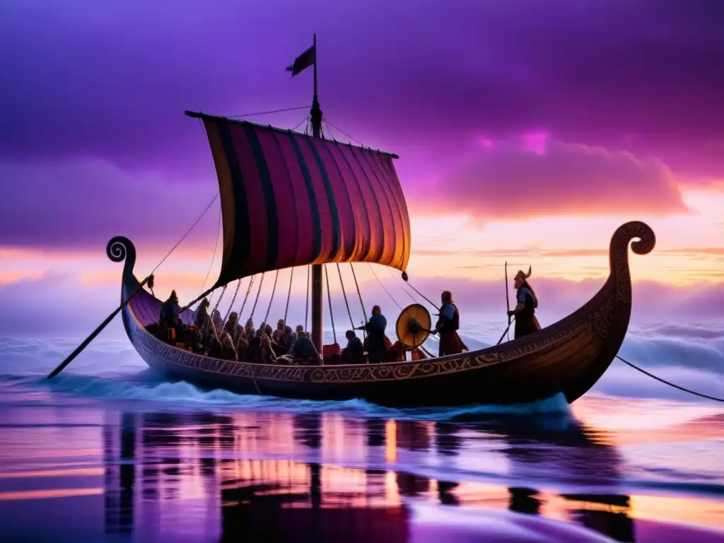 Un misterioso barco vikingo al atardecer, rodeado de niebla, con guerreros listos para la batalla