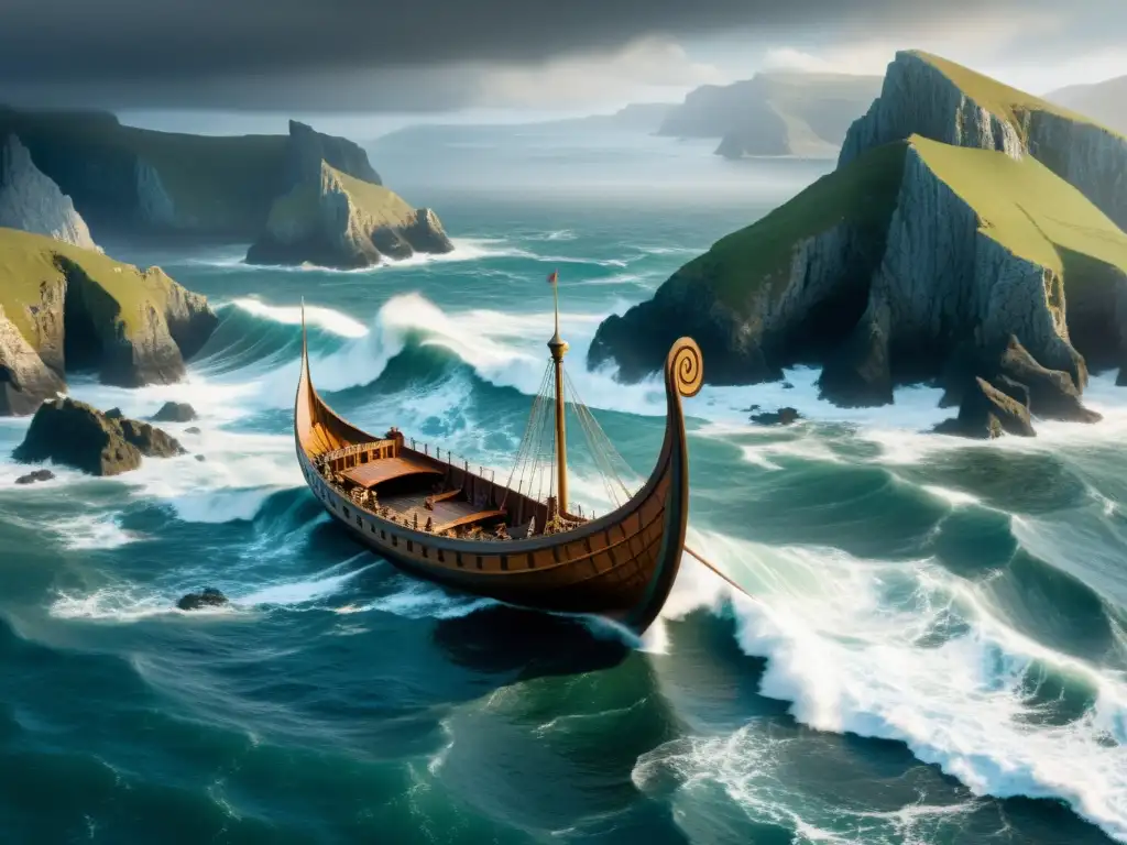 Un misterioso barco vikingo en la Costa Cantábrica, con acantilados dramáticos al fondo y un aura de aventura