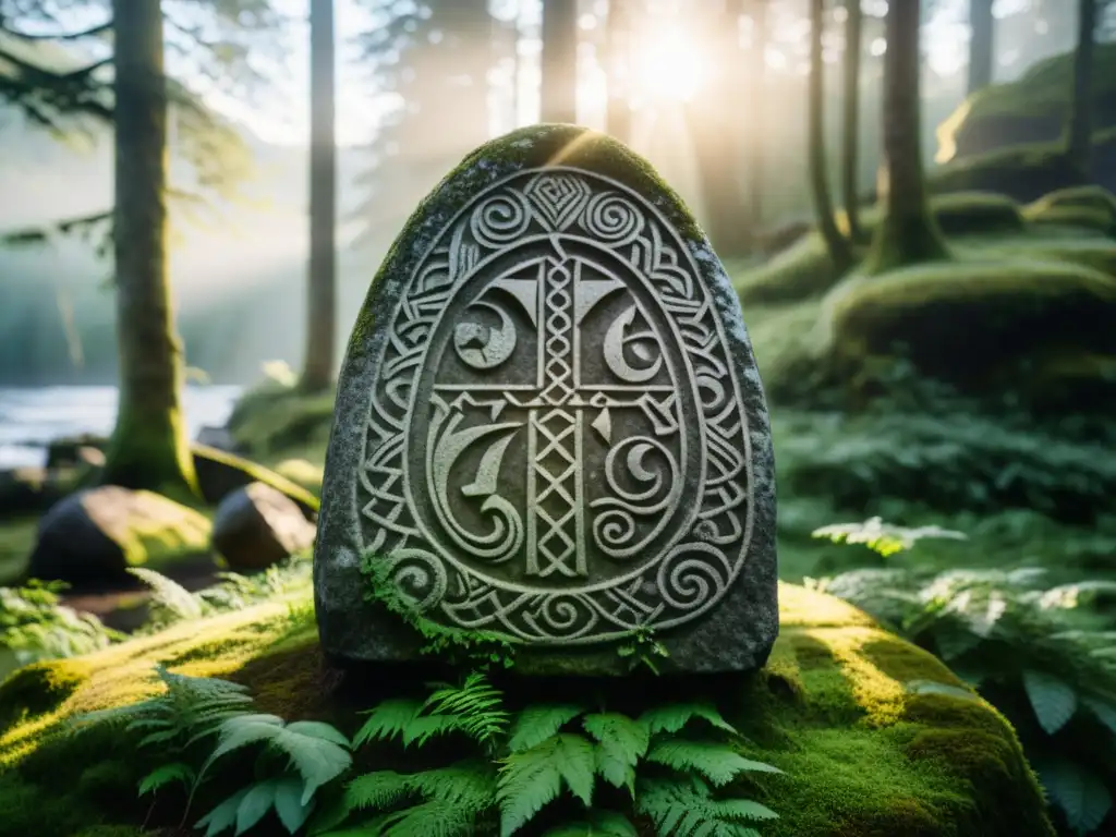 Un misterioso y detallado grabado en una piedra rúnica vikinga destaca en un frondoso bosque nórdico