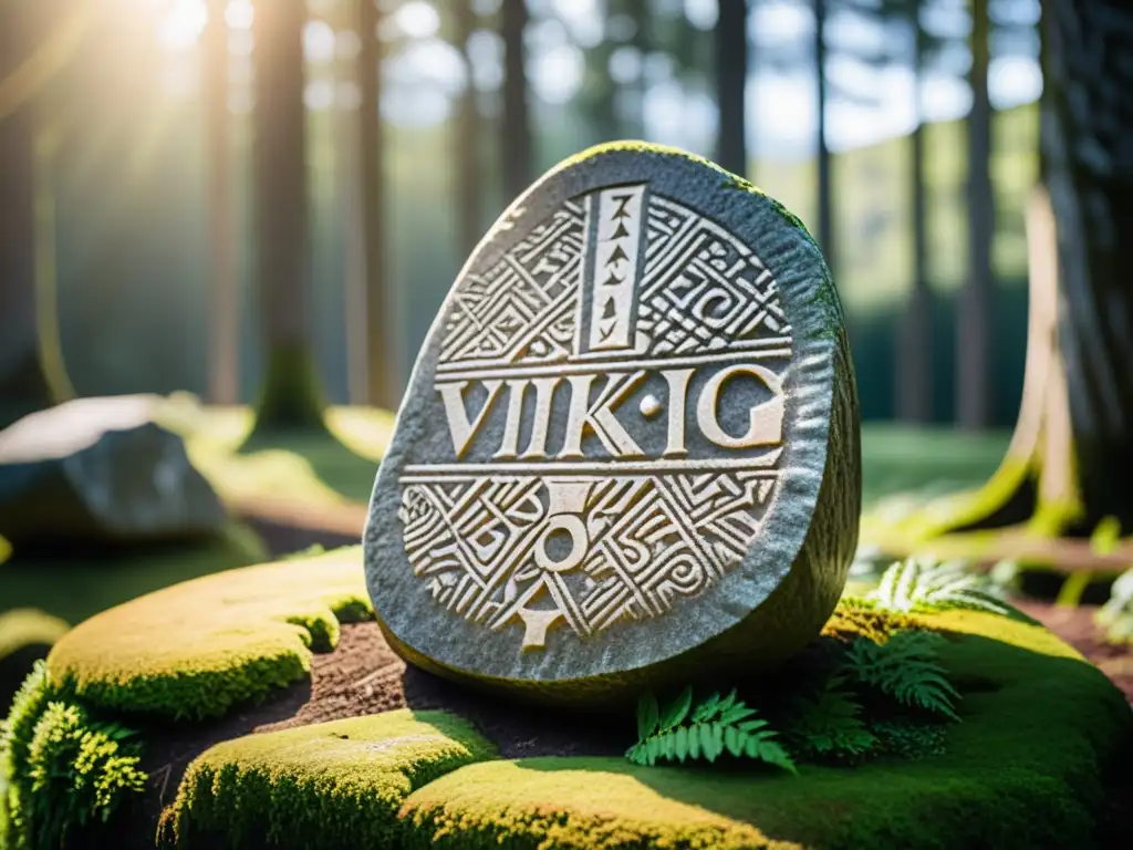 Un misterioso y detallado runestone vikingo en un bosque nórdico