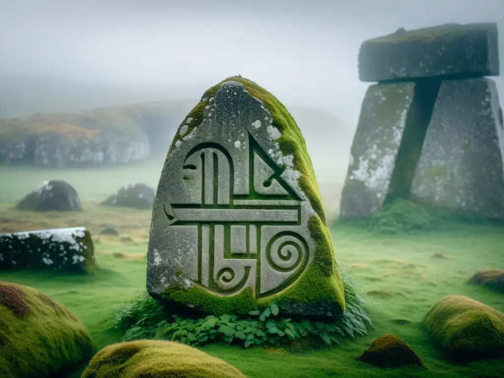 Un misterioso y etéreo paisaje con una piedra rúnica vikinga y ruinas antiguas cubiertas de musgo