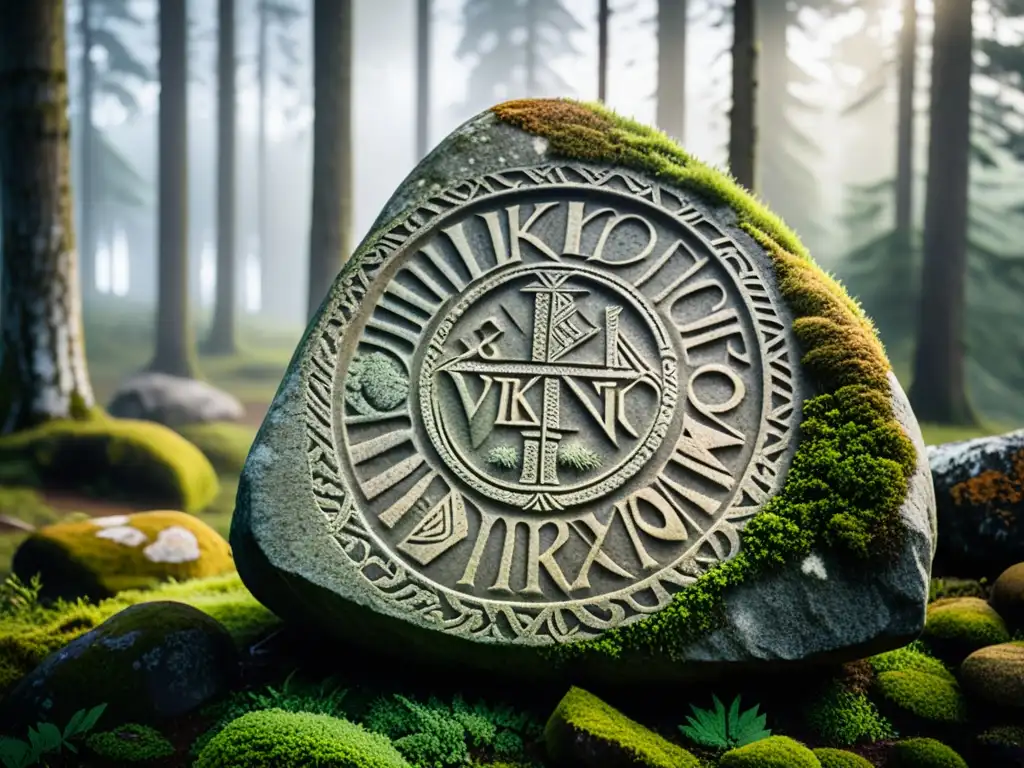 Un misterioso y evocador runestone vikingo entre árboles y musgo