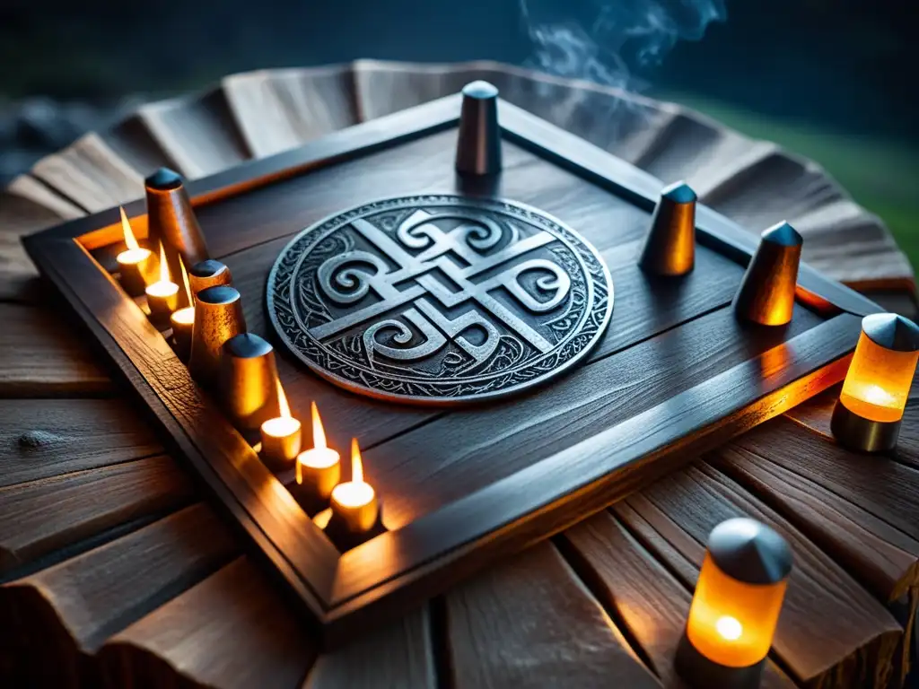 Un misterioso juego de mesa vikingo con símbolos rúnicos, piezas de hierro y plata, iluminado por antorchas en un paisaje nórdico