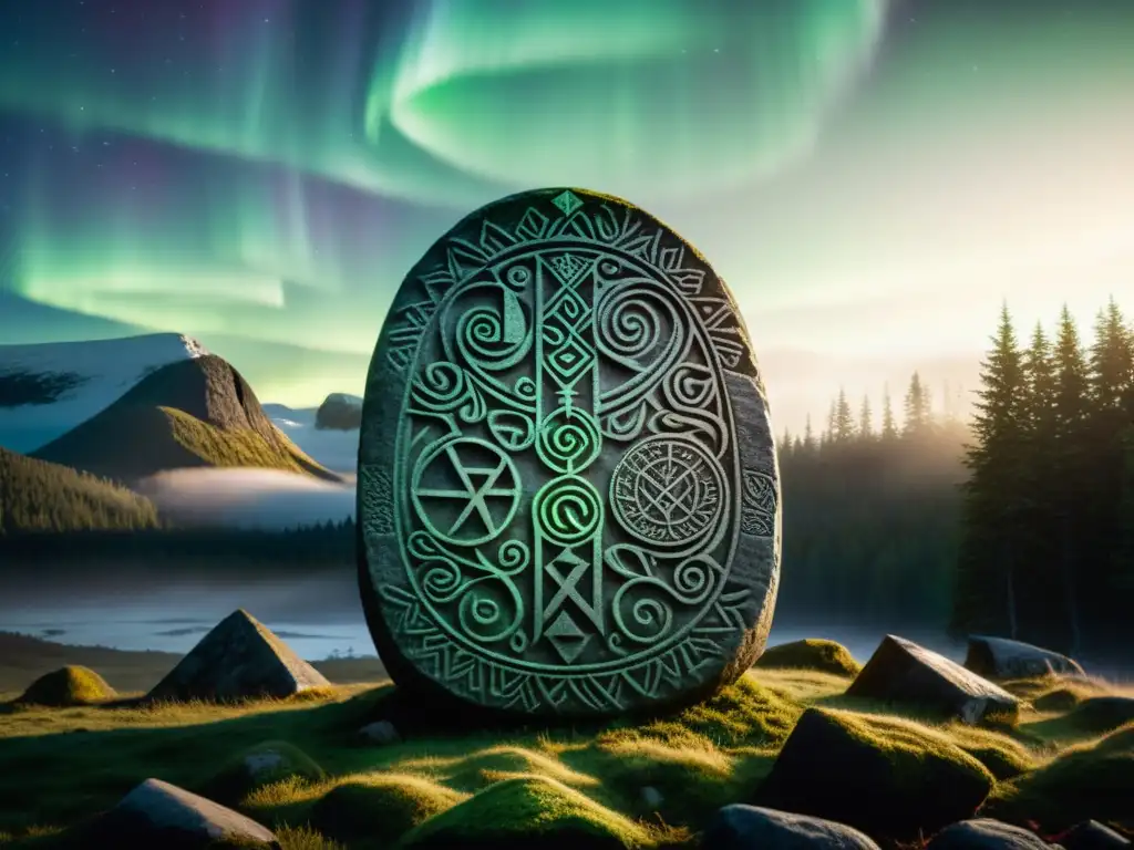 Runa vikinga iluminada por auroras boreales en bosque nórdico místico Un misterioso menhir vikingo en un bosque nórdico, iluminado por auroras boreales, evoca la filosofía vikinga en la actualidad