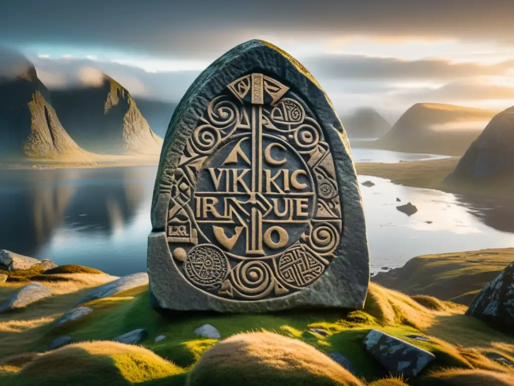 Un misterioso menhir vikingo cubierto de inscripciones rúnicas en un paisaje nórdico neblinoso al amanecer