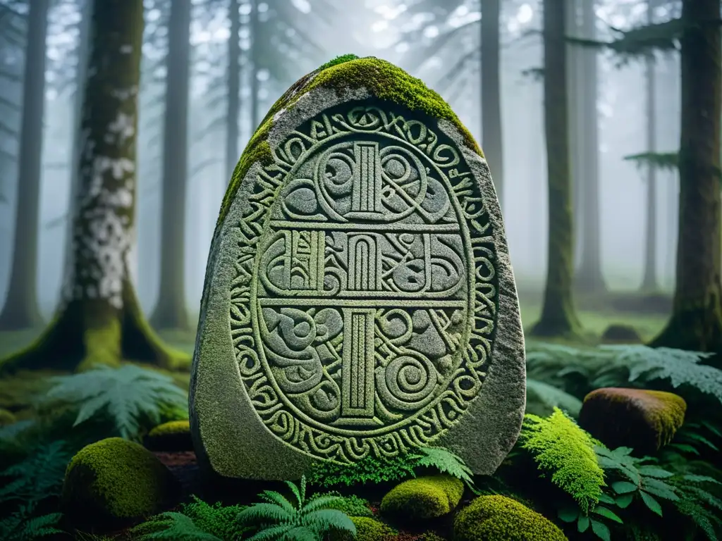 Un misterioso menhir vikingo con inscripciones rúnicas en un bosque nórdico neblinoso, evocando la historia de las runas vikingas