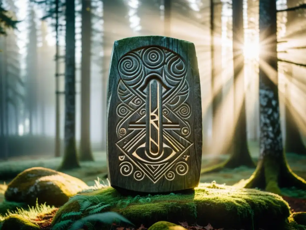 Un misterioso runestone de madera en un bosque nórdico neblinoso, con símbolos rúnicos iluminados por la luz del sol