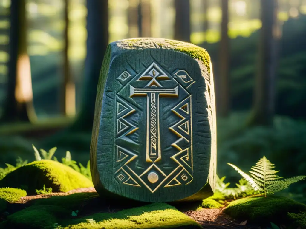 Un misterioso runestone tallado a mano destaca entre los árboles del bosque