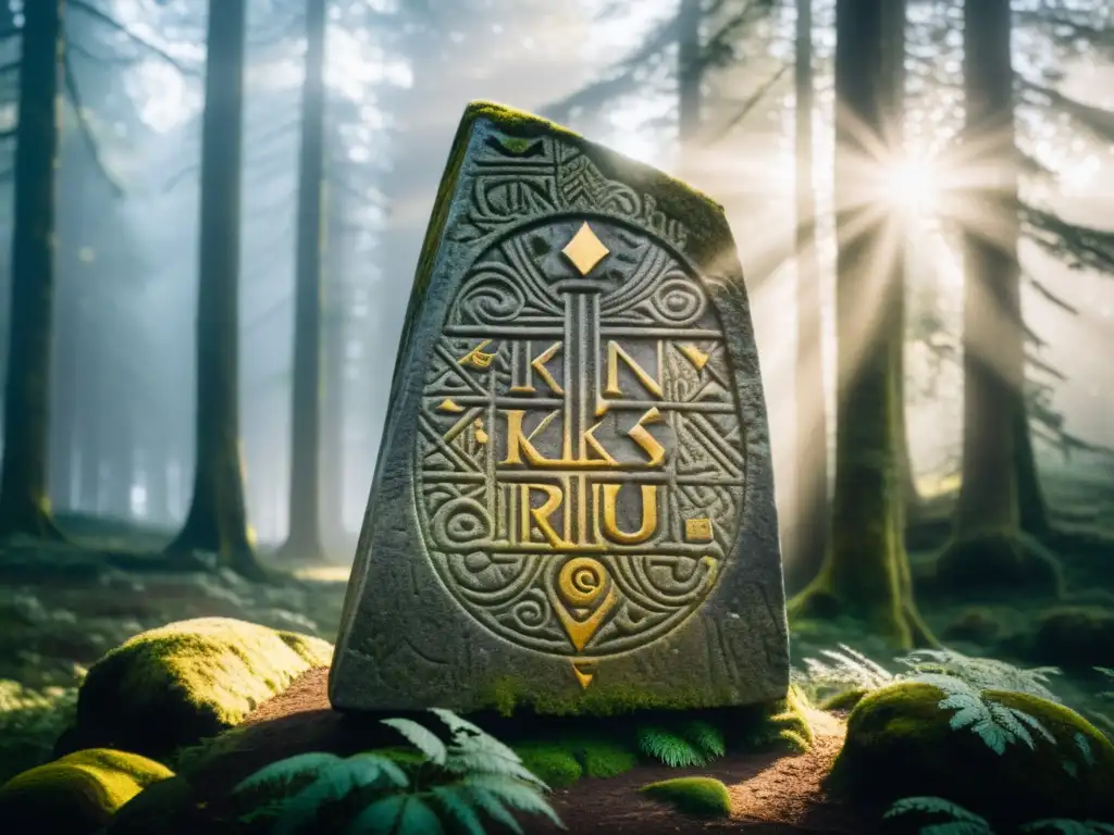 Runa vikinga tallada en piedra en bosque antiguo Un misterioso runestone vikingo en un bosque antiguo, con runas desentrañando secretos y misterios