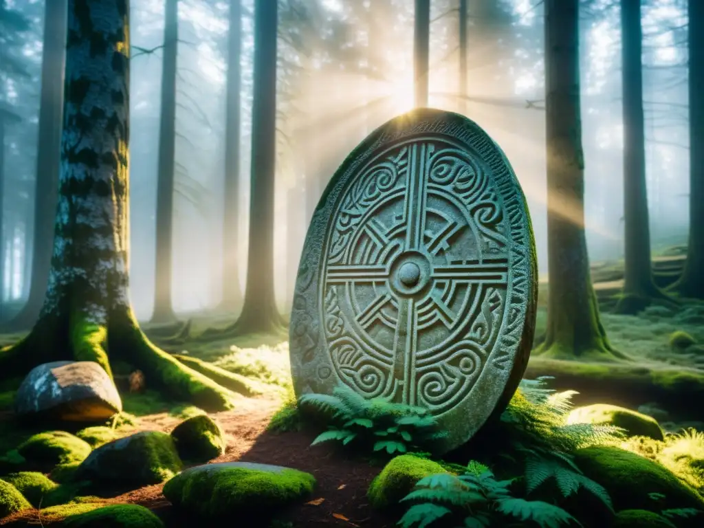 Misterioso runestone vikingo en bosque sueco, rodeado de niebla y símbolos nórdicos antiguos