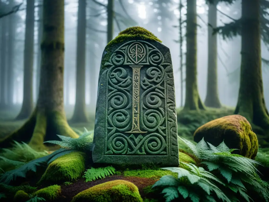 Misterioso runestone vikingo en bosque nórdico brumoso, con símbolos de hechicería y maldiciones vikingas