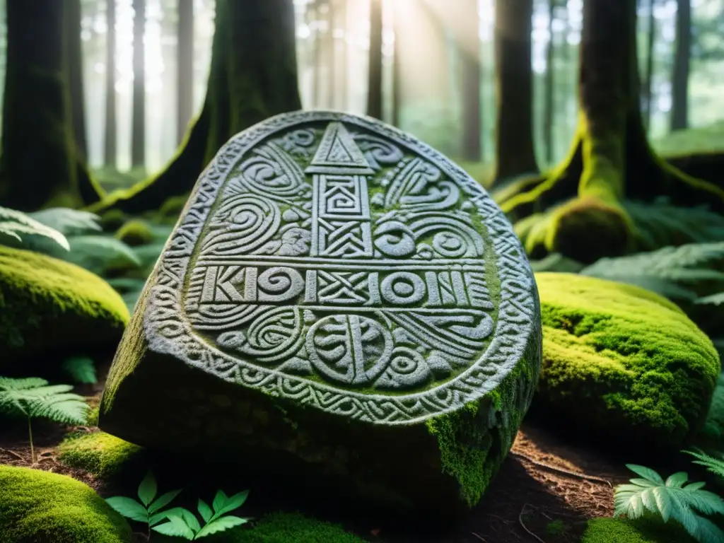 Un misterioso runestone vikingo entre la frondosa naturaleza de Suecia, con tallados de dioses nórdicos y criaturas míticas