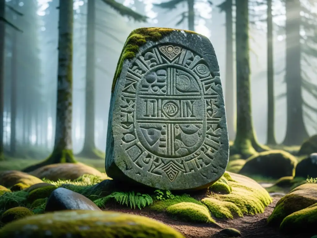 Misterioso runestone vikingo en Suecia: tallado detallado de mitología nórdica en piedra cubierta de musgo, en bosque brumoso