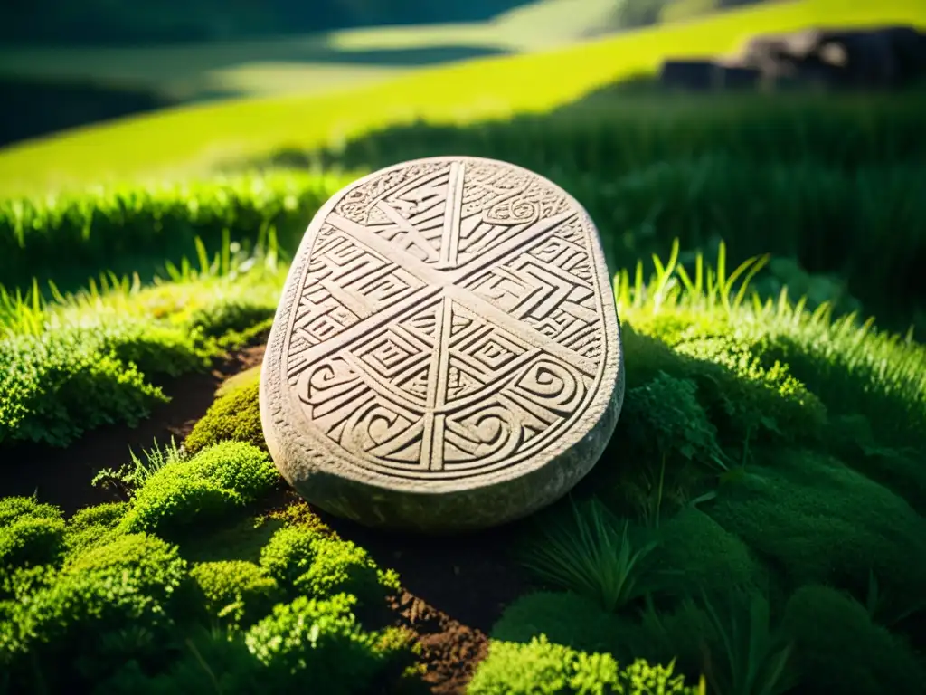 Un misterioso símbolo rúnico tallado en una piedra antigua en un paisaje vikingo, con sombras dramáticas bajo la luz del sol