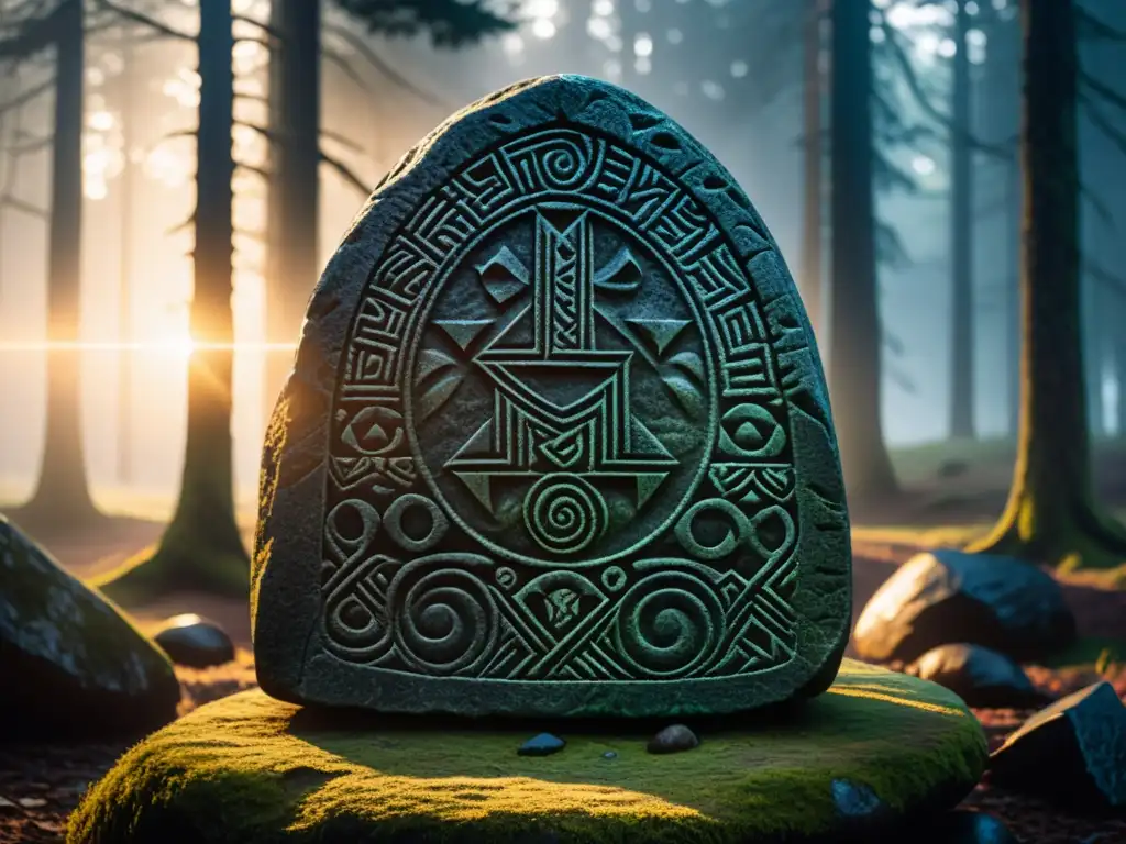 Misteriosos mensajes ocultos en artefactos vikingos tallados en piedra, iluminados por el sol poniente en un bosque místico