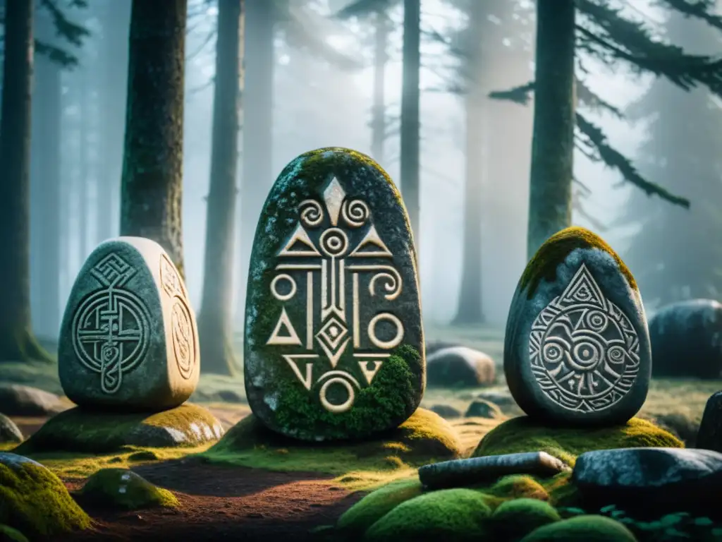 Misteriosos runestones en un bosque nórdico, evocando antigüedad y sabiduría