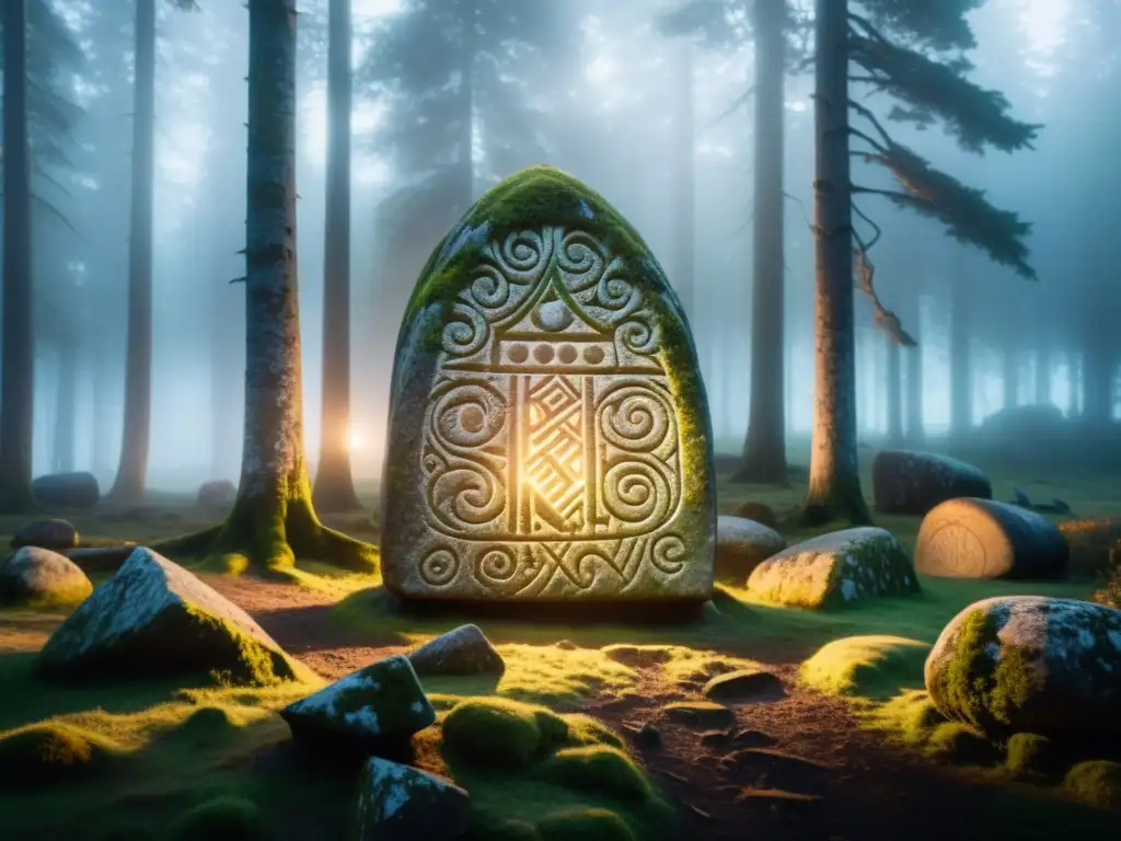 Misteriosos runestones vikingos en Suecia, iluminados por la neblina matutina en el bosque sueco