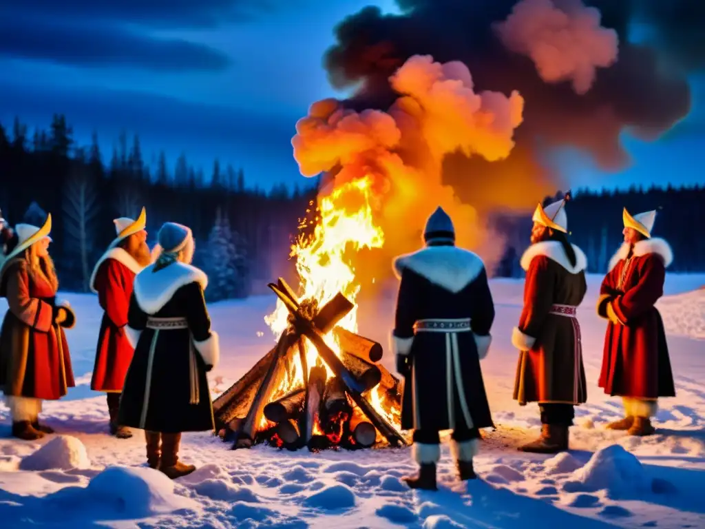 Celebración mística de Festividades Nórdicas y Dioses: grupo en trajes tradicionales alrededor de fogata en bosque nevado